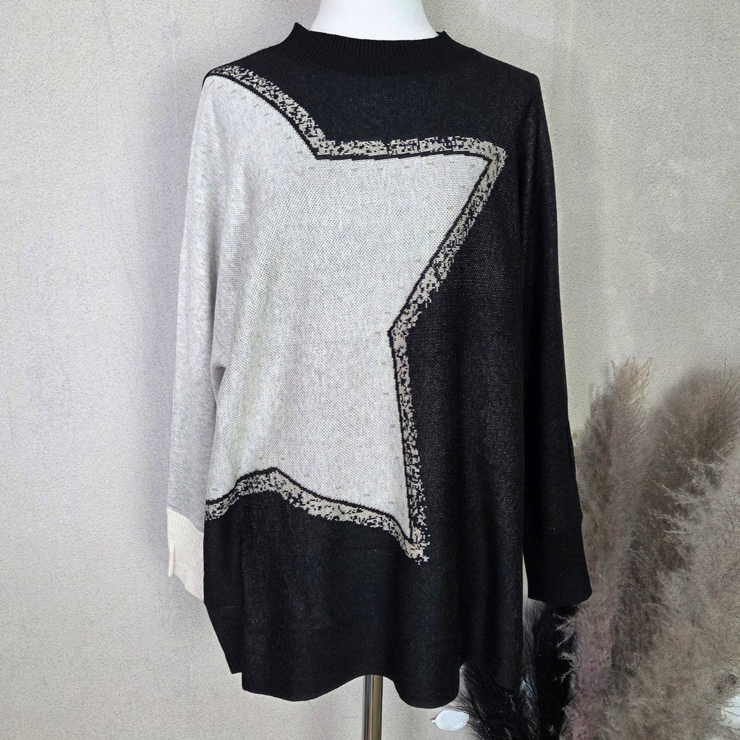 Longline fine knit jumper with partial star design Black