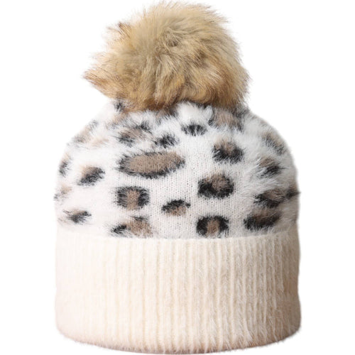 Cream Leopard Fluffy Bobble Hat HL873