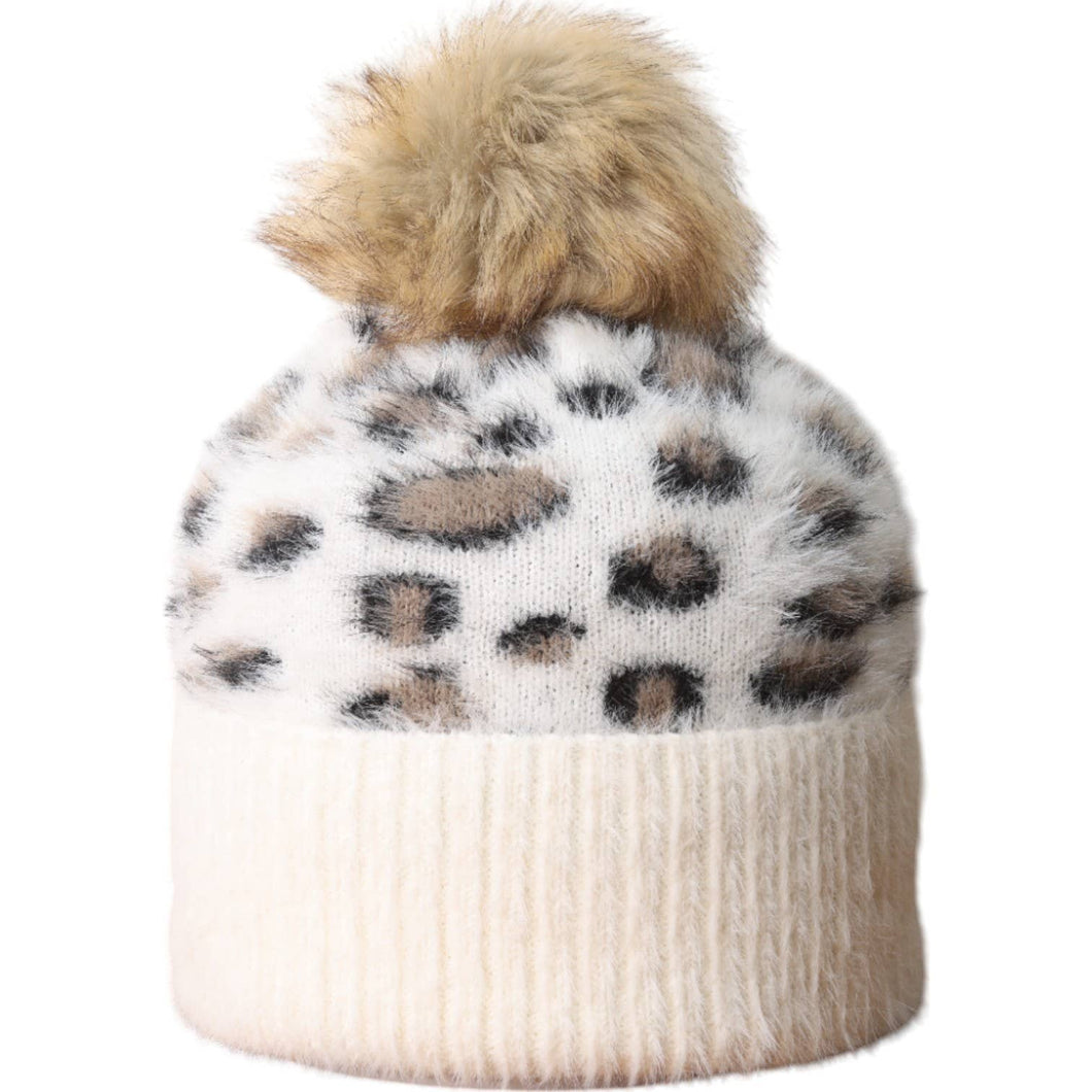 Cream Leopard Fluffy Bobble Hat HL873