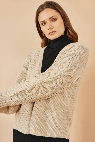 Yumi Beige Edge to Edge Cardigan With Flower Detail Sleeves: Beige
