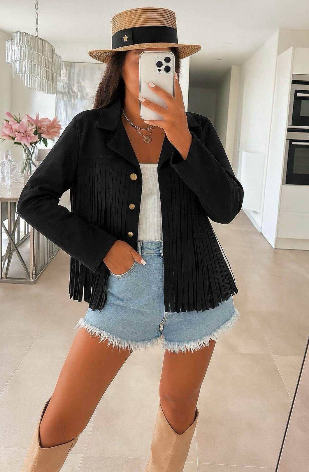 Montana Suede Fringe Jacket-Black