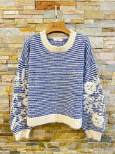 Load image into Gallery viewer, Striped round neck wool sweater with flower embroidery one size
