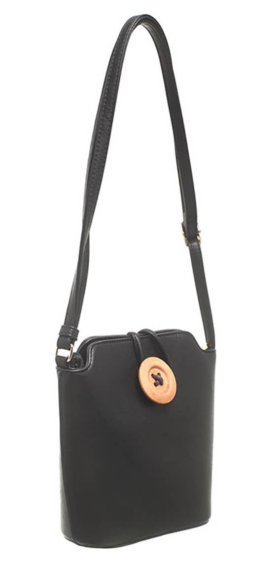 SMALL WOODEN BUTTON CROSSBODY BAG: Black
