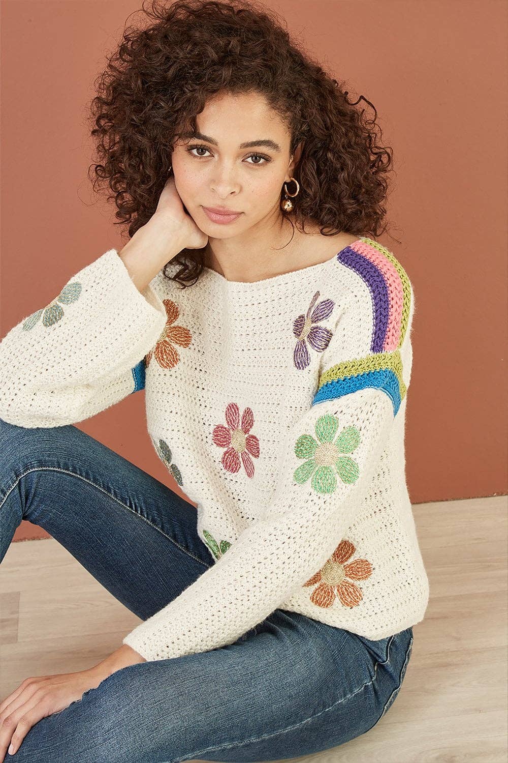 Yumi Cream Crochet Flower Jumper: Cream