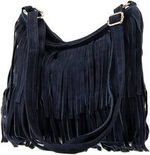 Load image into Gallery viewer, Italian Suede Leather Fringed Shoulder Crossbody Bag: Navy