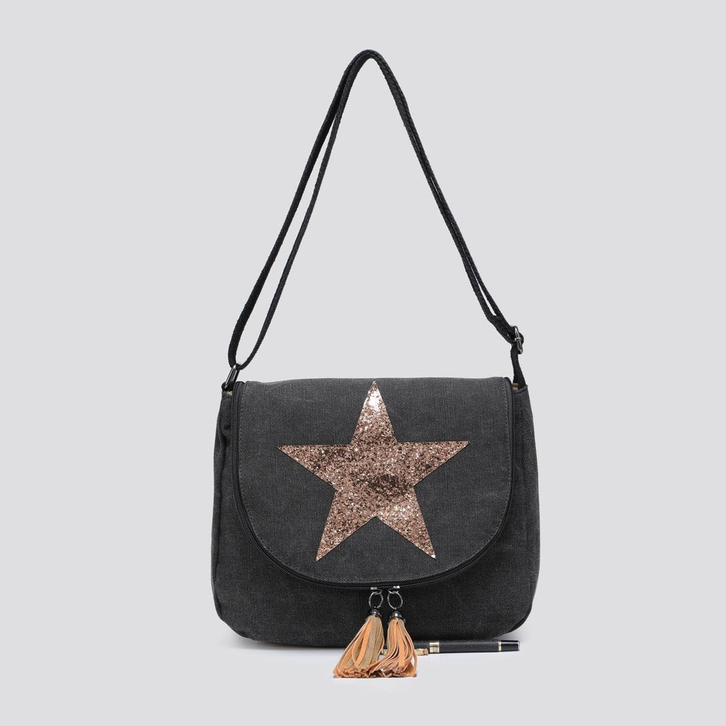 2254 Canvas Star Crossbody Bag: BLACK