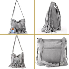 Load image into Gallery viewer, Italian Suede Leather Fringed Shoulder Crossbody Bag: Grey