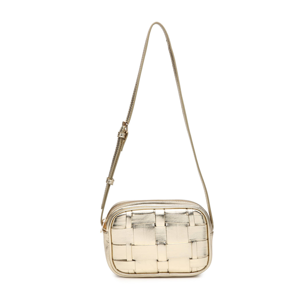 CC320-Woven Pattern Metalic Pu Zip Top Shoulder Bag: Gold