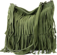 Load image into Gallery viewer, Italian Suede Leather Fringed Shoulder Crossbody Bag: Dark Green