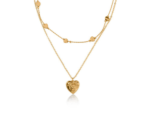 Big Metal London Hortense Two Layered Heart Charm Necklace: GOLD