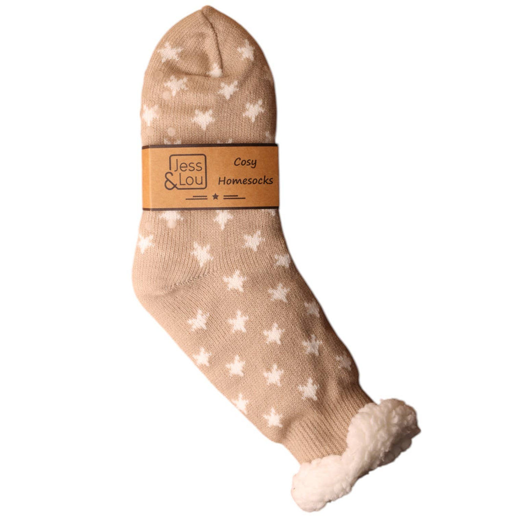 Taupe with White Stars Slipper Sock SL678