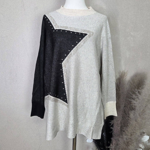 Longline fine knit jumper with partial star design Beige with black star