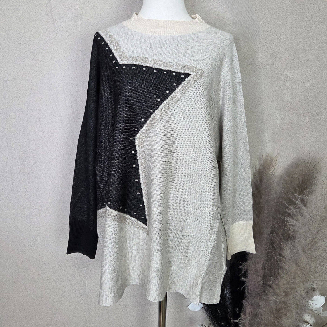 Longline fine knit jumper with partial star design Beige with black star