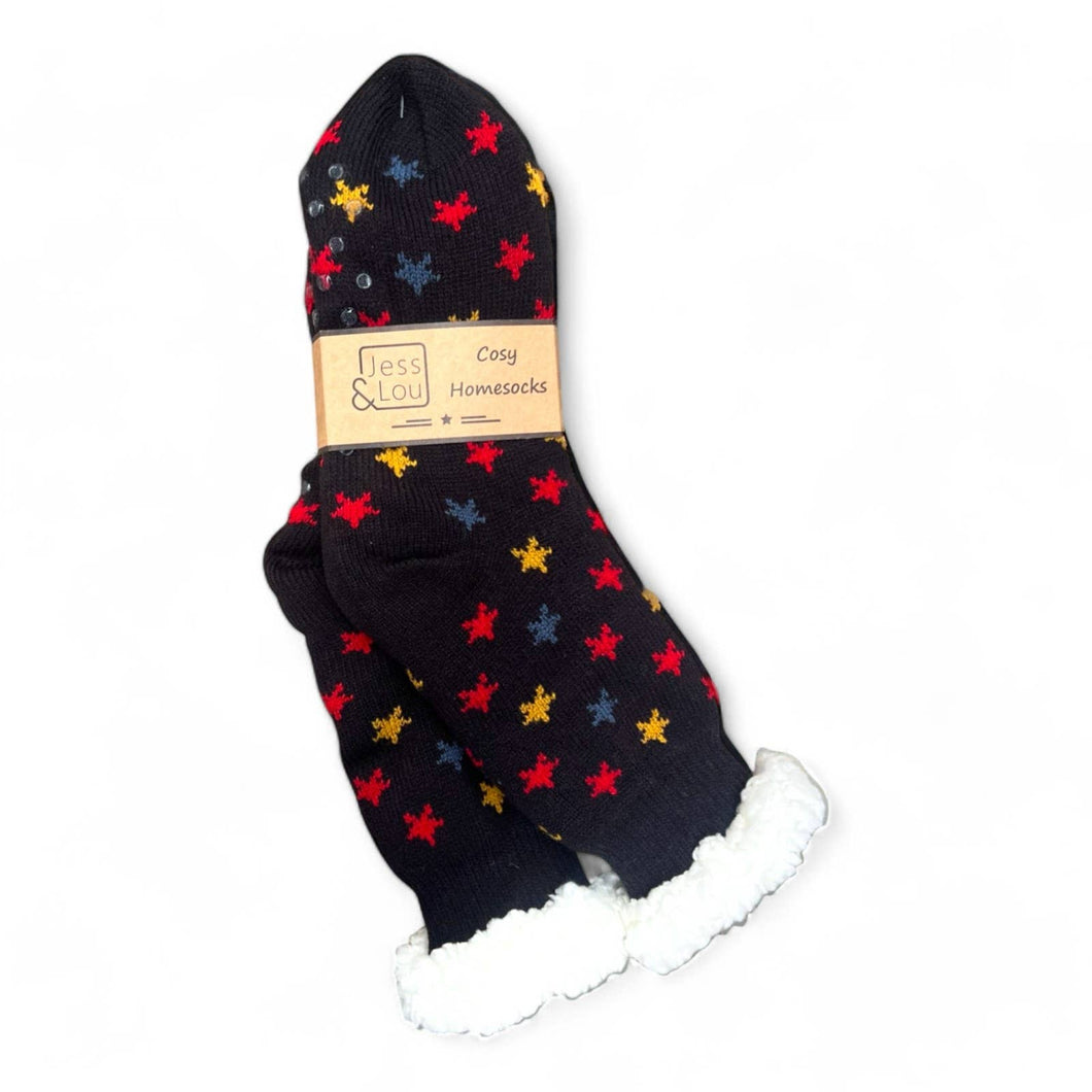 Super Cosy Lined Slippers Socks | Stars, Hearts or Spots |: Black Star