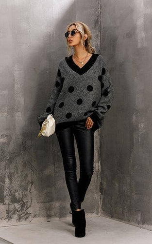 V Neck Jumper In Charcoal Grey & Black Polka Dot Print: One Size