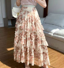 Load image into Gallery viewer, Romantic Flowers Ruffle Maxi Skirt: Cream