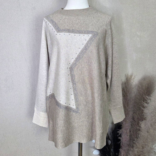 Longline fine knit jumper with partial star design Beige