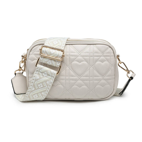 GL239607-Quited Heart Pattern Double Sections Cross Body Bag: Beige