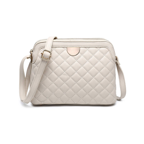 CC142-Quilted Check Two Zip Top Compartments Cross Body Bag: Beige