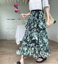 Load image into Gallery viewer, Romantic Flowers Ruffle Maxi Skirt: Green