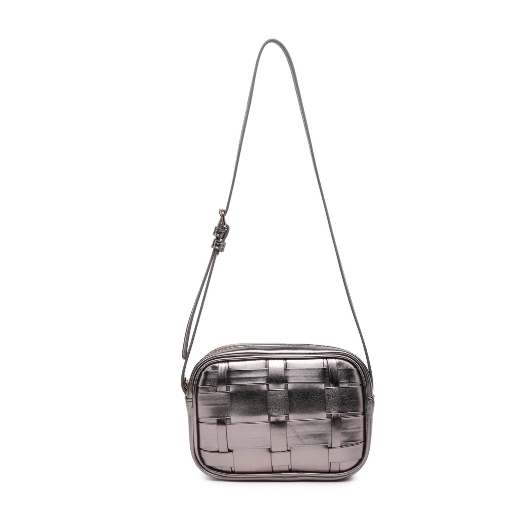 CC320-Woven Pattern Metalic Pu Zip Top Shoulder Bag: Pewter