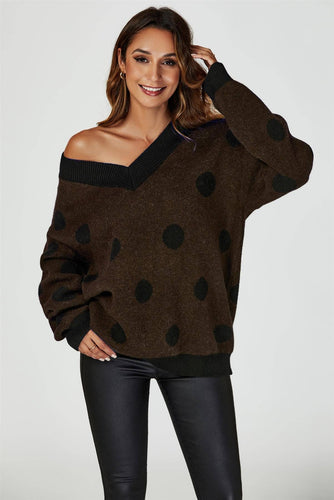 Wool Blended V Neck Jumper In Brown& Black Polka Dot: Brown / OneSize