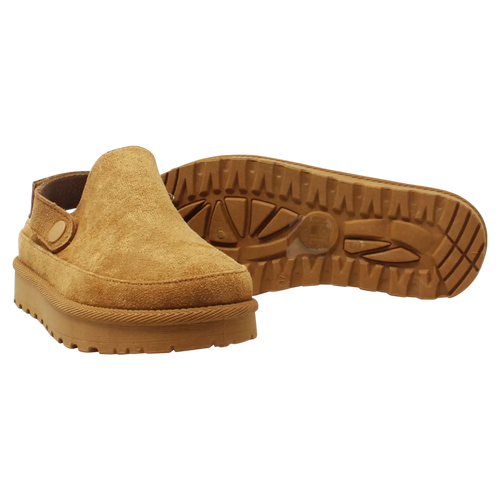 Ladies' Flat Suede Clog with Multi-Way Strap: Camel