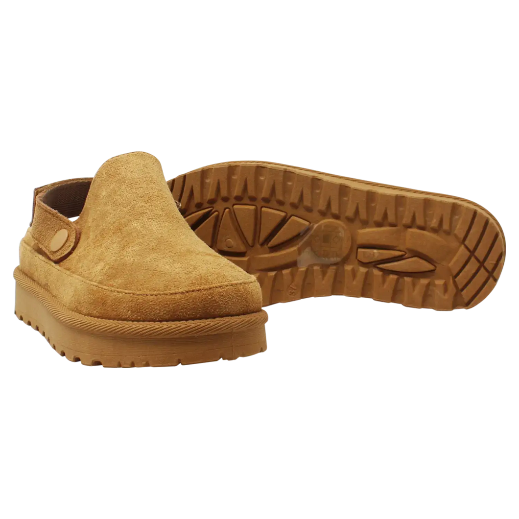Ladies' Flat Suede Clog with Multi-Way Strap: Camel