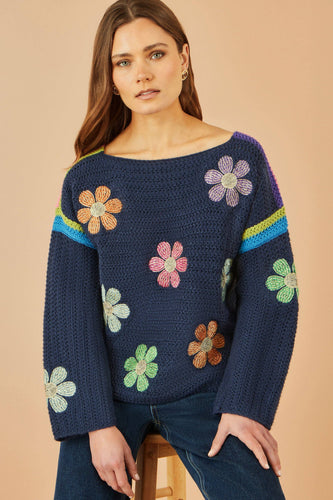 Yumi Navy Crochet Flower Jumper: Navy / L