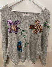Load image into Gallery viewer, Grey Sequin Flower Jumper One Size