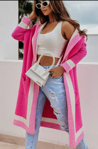 Bahira Longline Colour Block Knitted Cardigan-Hot Pink