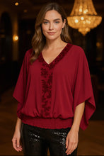 Load image into Gallery viewer, Velvet Trim V Angel Sleeve Top
