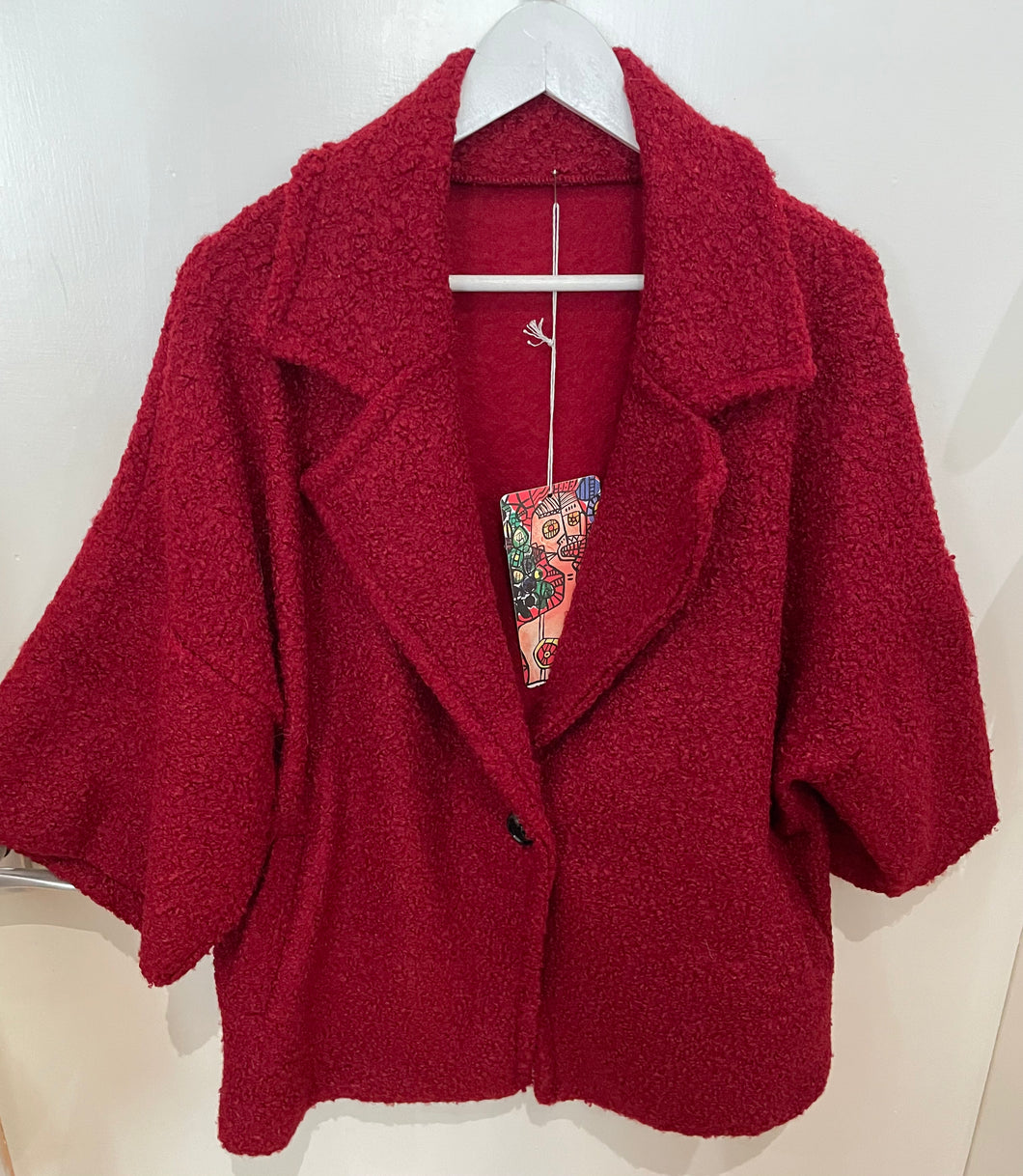 Dark Red Boucle Jacket 3/4 Sleeves One Size
