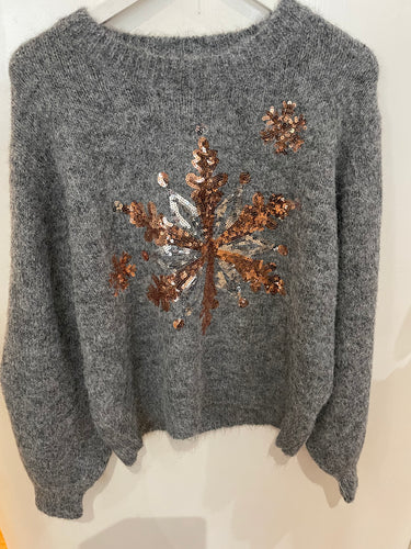 Grey Sequin Snowflake Jumper One Size