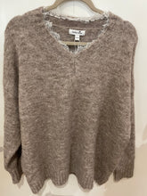 Load image into Gallery viewer, Taupe Soft V Neck Jumper with Lace Trim One Size