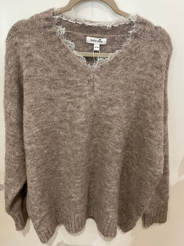 Taupe Soft V Neck Jumper with Lace Trim One Size