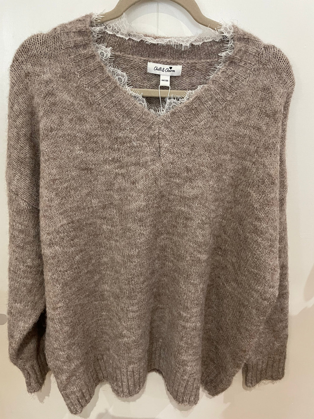 Taupe Soft V Neck Jumper with Lace Trim One Size