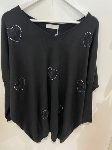 V Neck Black Heart Embellished Jumper One Size