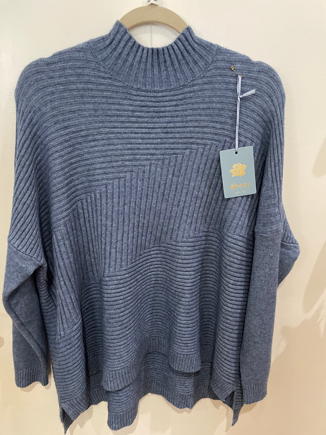 Blue Ribbed High Neck Jumper One Size