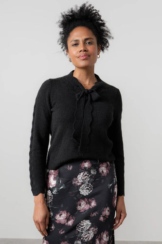 Elise Pointelle Tie Neck Jumper Black