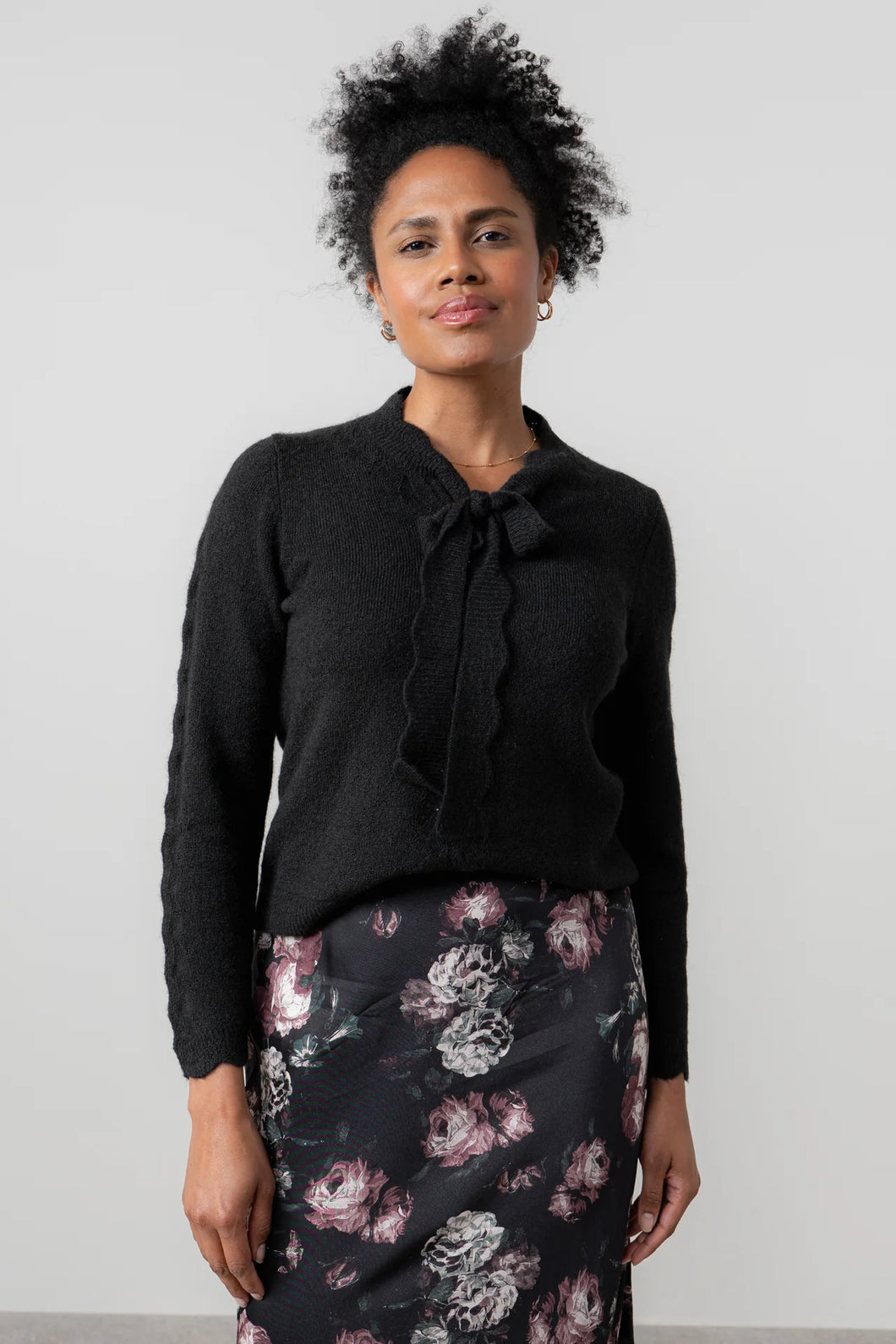 Elise Pointelle Tie Neck Jumper Black