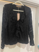Load image into Gallery viewer, Black long sleeved lace top with ruffle front