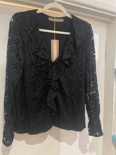 Black long sleeved lace top with ruffle front