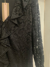 Load image into Gallery viewer, Black long sleeved lace top with ruffle front