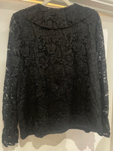 Load image into Gallery viewer, Black long sleeved lace top with ruffle front