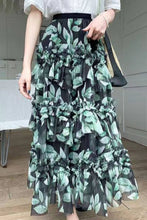Load image into Gallery viewer, Romantic Flowers Ruffle Maxi Skirt: Green