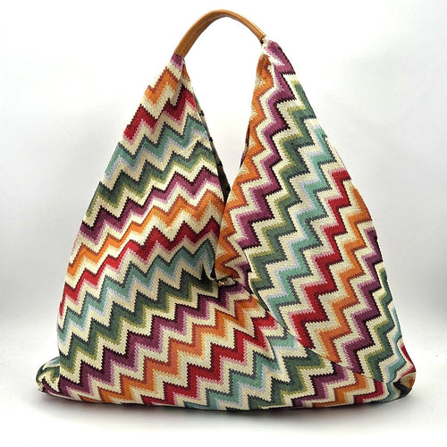 Large 'Missoni' style zig zag tapestry effect shoulder bag with leather handle