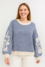 Load image into Gallery viewer, Striped round neck wool sweater with flower embroidery one size