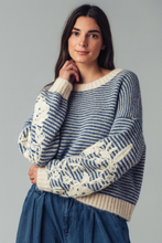 Load image into Gallery viewer, Striped round neck wool sweater with flower embroidery one size