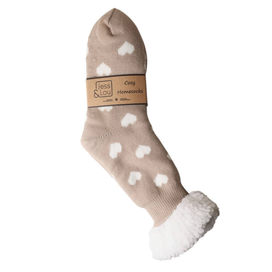 Taupe & White Heart Fleece Lined Slipper Socks SL658